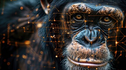 Fototapeta premium Close-up of chimpanzee face with digital circuit overlay