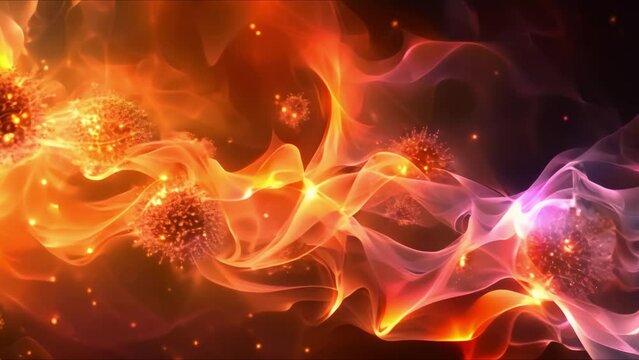 Microscopic image showing pollen immune cells in respiratory tract during allergic reaction. Concept Microscopic Imaging, Pollen Allergy, Immune Cells, Respiratory Tract, Allergic Reaction