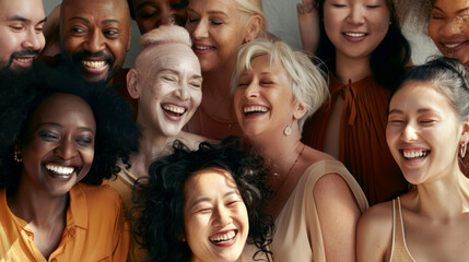 Obraz premium A large, mixed group of people laugh and smile warmly, sharing in a moment of joy and community, their diverse backgrounds highlighting shared humanity.
