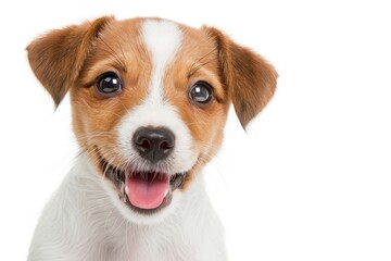 Cute Jack Russell Terrier puppy portrait with fluffy smile on clear background. Funny, lovely pet concept.