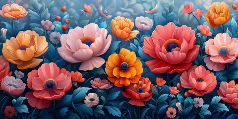 Elegant Illustration of Colorful Flowers in a Lush Garden