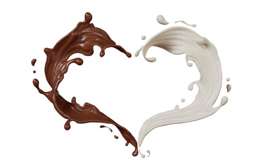 Splash of chocolate and milk flow in Heart Shape on transparent background, 3d illustration.
