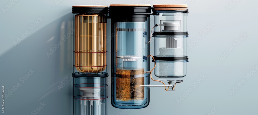 Poster cross-section of portable water filter demonstrating filtration layers and mechanisms for informativ