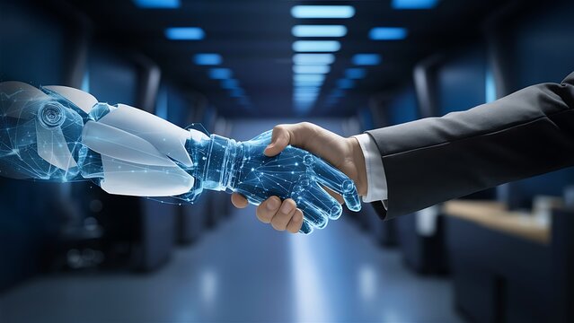  Human leader shaking hands with robot partner, demonstrating the combination of human with AI technology in business innovation.