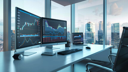Naklejka premium High-tech trading desk with multiple screens displaying financial data against the backdrop of a modern city skyline illuminated by the morning light.