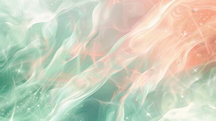 Fototapeta premium Pastel green and coral hues with light beams stars and swirling shapes. background