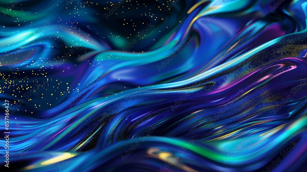 Wall mural neon green and cobalt blue with wave patterns light trails and metallic textures. background
