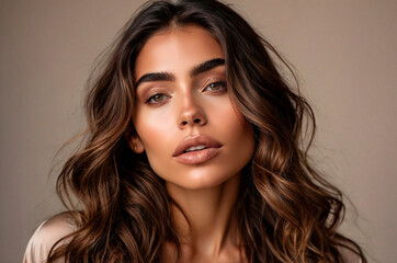Fototapeta premium Hispanic Woman with Glowing Skin and Loose Wavy Brown Hair on Light Taupe Background