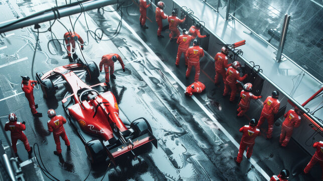 An intense pit stop for a Formula 1 car with the crew in red uniforms working on the vehicle amidst a rainy, reflective track.