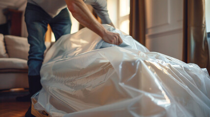 Movers Safely Wrapping Delicate Furniture with Protective Cover During Move