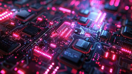 Obraz premium Abstract close-up of a glowing circuit board with red and blue lights.