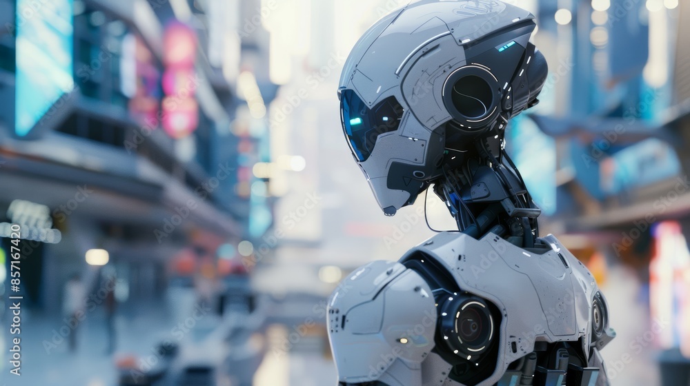 Poster futuristic ai robot in high-tech environment seamlessly interacting with humans