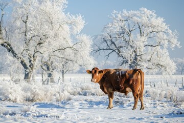 Tranquil Winter Wonderland: Brown and White Cow in Frosty Snowy Forest Scene