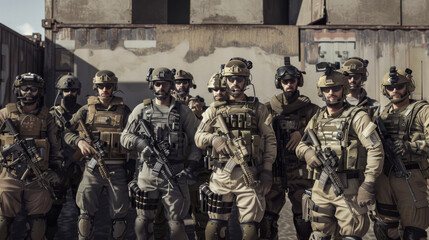 A group of soldiers in full gear standing together, exuding strength and unity, ready for a mission amidst an austere, industrial backdrop.
