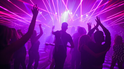 A lively party scene with people dancing energetically under vibrant, colorful laser lights, creating an electrifying and pulsating atmosphere full of excitement.