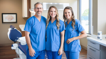 Fototapeta premium Three dental professionals in blue scrubs stand smiling together in a modern dental clinic featuring a treatment chair and large windows.