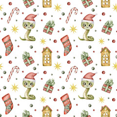 New Years Christmas hand drawn watercolor seamless pattern with cute little snake in Santa hat, christmas sock, candlestick house; caramel canes, gift