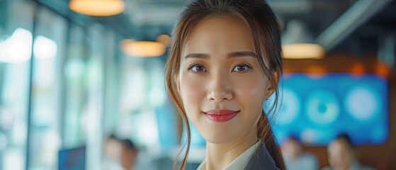 A cheerful young Asian businesswoman is pictured on a background screen showing business dashboard meeting with a group of office workers.
