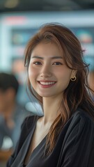 Fototapeta premium A cheerful young Asian businesswoman is pictured on a background screen showing business dashboard meeting with a group of office workers.