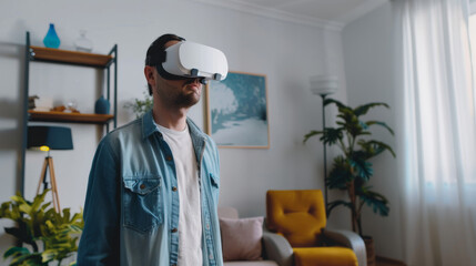 A man in a bright, modern living room wearing a virtual reality headset, engaging deeply in a virtual experience.