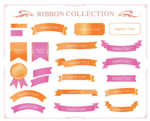 リボンのイラストセット、アンティークなフレーム。装飾デザイン。あしらい