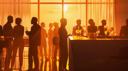 Obraz premium Silhouettes of people socializing at a chic bar during a sunset, with warm, orange light creating an inviting atmosphere.