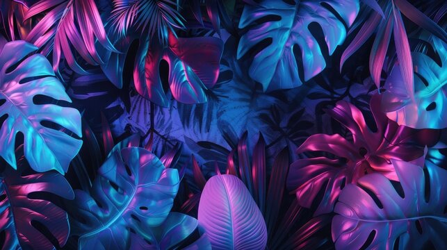Neon and tropical leaves background with glowing lights wall backdrop leaf silhouettes nighttime scene