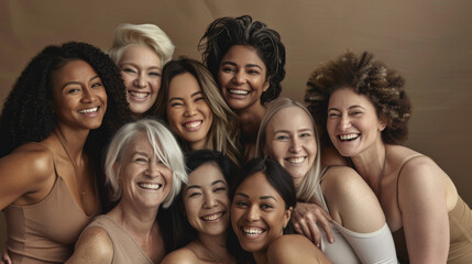 A diverse, happy group hugs closely, their faces beaming with laughter and joy, depicting warmth and unified celebration.