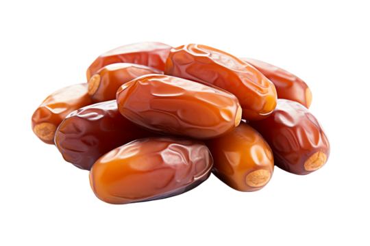 A close-up of fresh, ripe dates on a white background. The sweet and chewy texture of these dates makes them a delicious, natural snack.