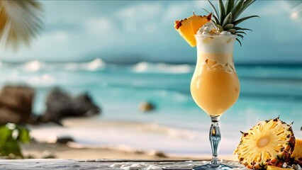 Pina Colada Cocktail with Cream and Pineapple at a Beach Bar. Concept Cocktails, Pina Colada, Creamy Drinks, Beach Bars, Pineapple Garnish