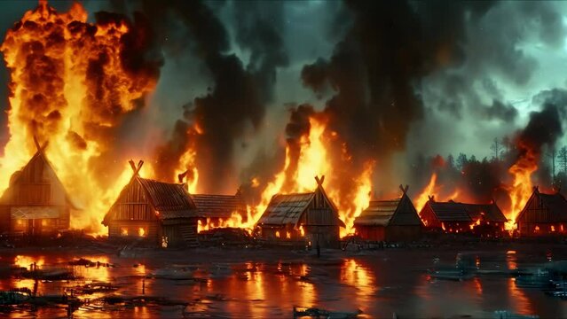 Medieval village under attack by Viking barbarians engulfed in flames. Concept Medieval village, Viking invasion, Flames, Battle, Destruction