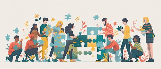 Fototapeta premium In the picture, a variety of ages and races are seen cooperating to put together a puzzle.