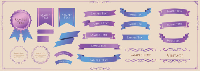 リボンのイラストセット、アンティークなフレーム。装飾デザイン。あしらい