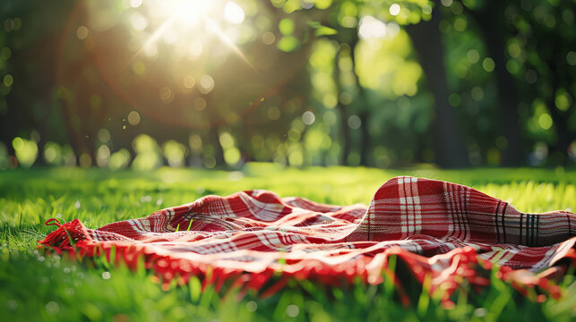 A checkered red picnic blanket on a lush green field under the warm rays of the sun in a tranquil park setting.