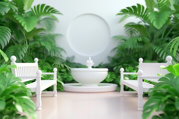 Obraz premium Tranquil indoor courtyard with white benches, lush green plants, and central fountain, creating a serene and calming atmosphere.