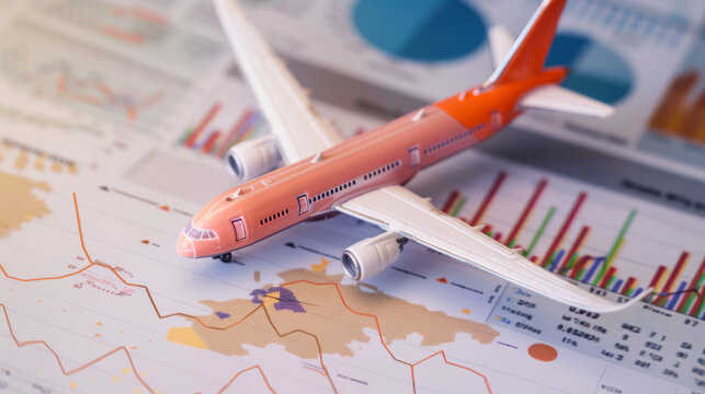 A model airplane rests on top of a financial report with graphs and maps, symbolizing the intersection of aviation and business analytics.