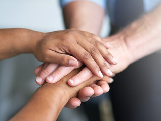 Hands, stack and people with support, team building and collaboration with trust, pile and cooperation. Friends, connect or closeup with partnership, networking and solidarity together with diversity