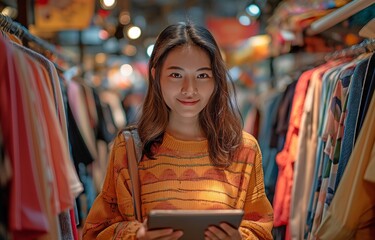Obraz premium The owner of a young, fashionable, hipster Asian fashion store uses a digital tablet to check the supply of clothing or package boxes on the rail rack at her home office small SME.