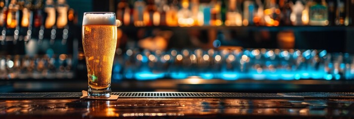 Fresh cold beer in glass on bar background. Copy Space