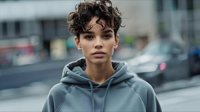 Stylish brunette woman with short curly hair in gray hoodie flaunts athleisure look in car parking lot. Concept Fashion, Athleisure, Stylish, Woman, Car parking lot