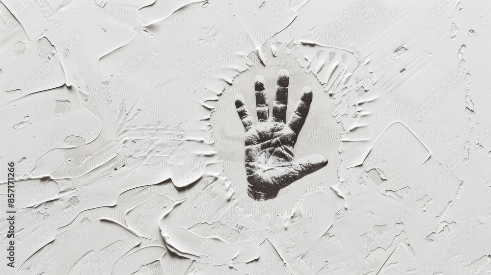 Poster handprint in textured white paint, creating abstract design