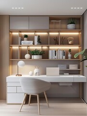 Modern minimalist home office design with built-in shelves and white desk.