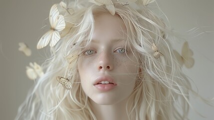 Woman With Blonde Hair and White Butterflies Surrounding Her Face