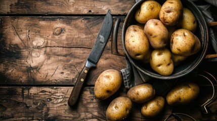 Moody vintage image of potatoes knife masher pot on grunge wooden background