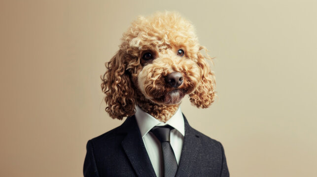 A curly-haired dog wearing a sleek black suit and tie, exuding an air of charm and professionalism in an amusing way.