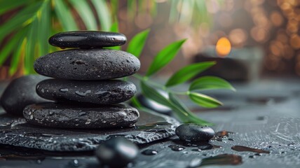 Stacked black spa stones with green leaves, candle in background