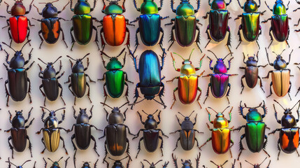 A colorful collection of beetles neatly pinned and displayed in a natural history exhibit.