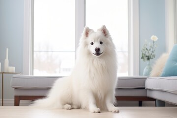 Portrait of a cute american eskimo dog while standing against crisp minimalistic living room