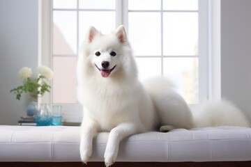 Portrait of a cute american eskimo dog over crisp minimalistic living room