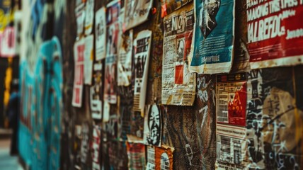 Fototapeta premium Weathered posters on urban wall with vibrant graffiti art
